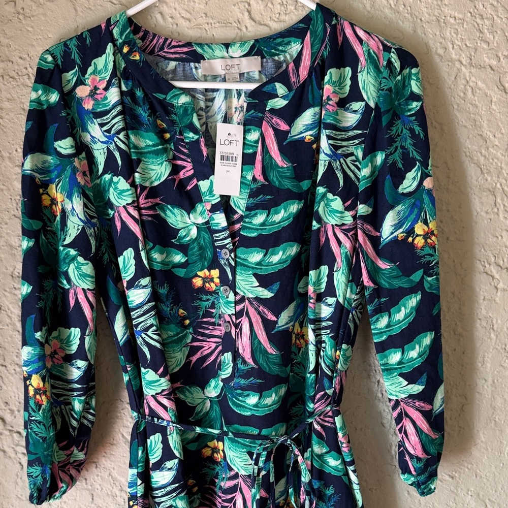 LOFT Tropical Print Dress with Ruffle and Tie Waist